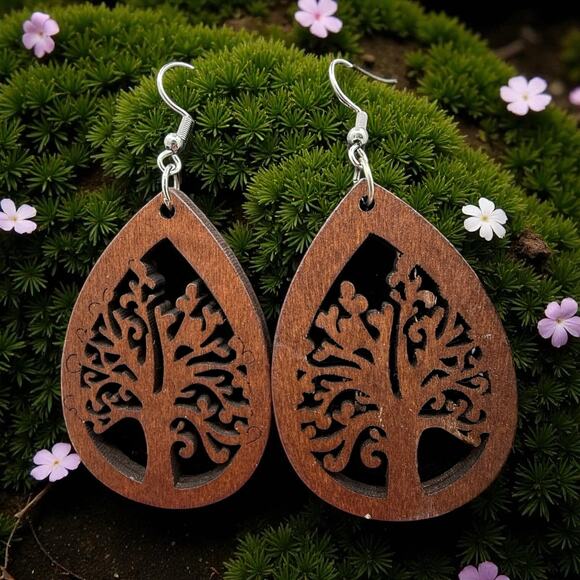 Wooden Cutout Tree of Life Earrings Silver Plated Ear Wires Handmade - Picture 3 of 4